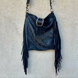 Black Leather Shoulder Bag with Fringe